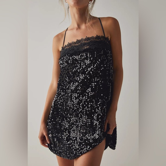 𝓯𝓹 Free People ~ That Girl Sequin Lace-Trim Slip Dress - Picture 8 of 10